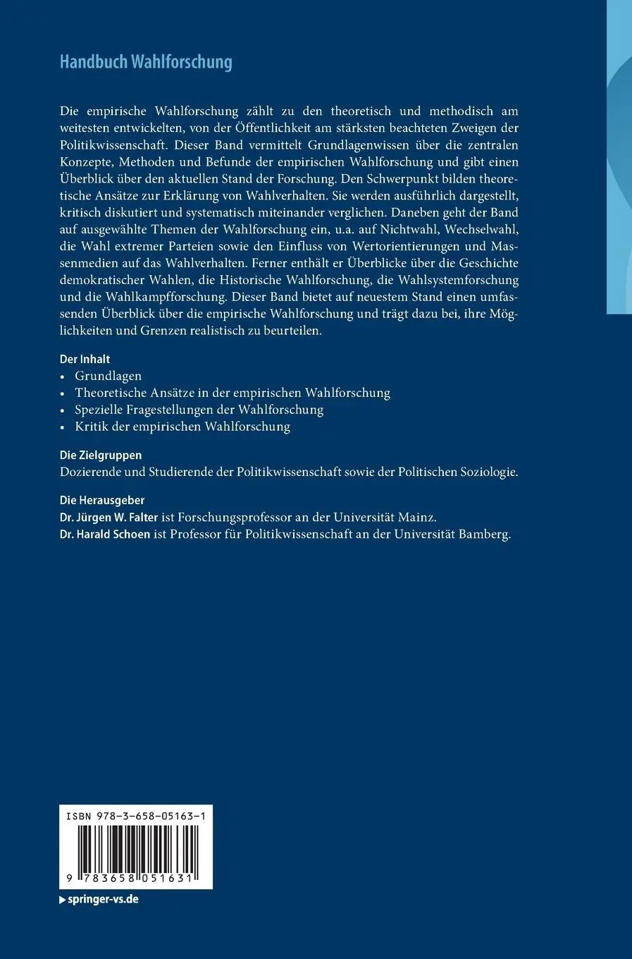Rückseite: 9783658051631 | Handbuch Wahlforschung | Harald Schoen (u. a.) | Buch | xxi | Deutsch