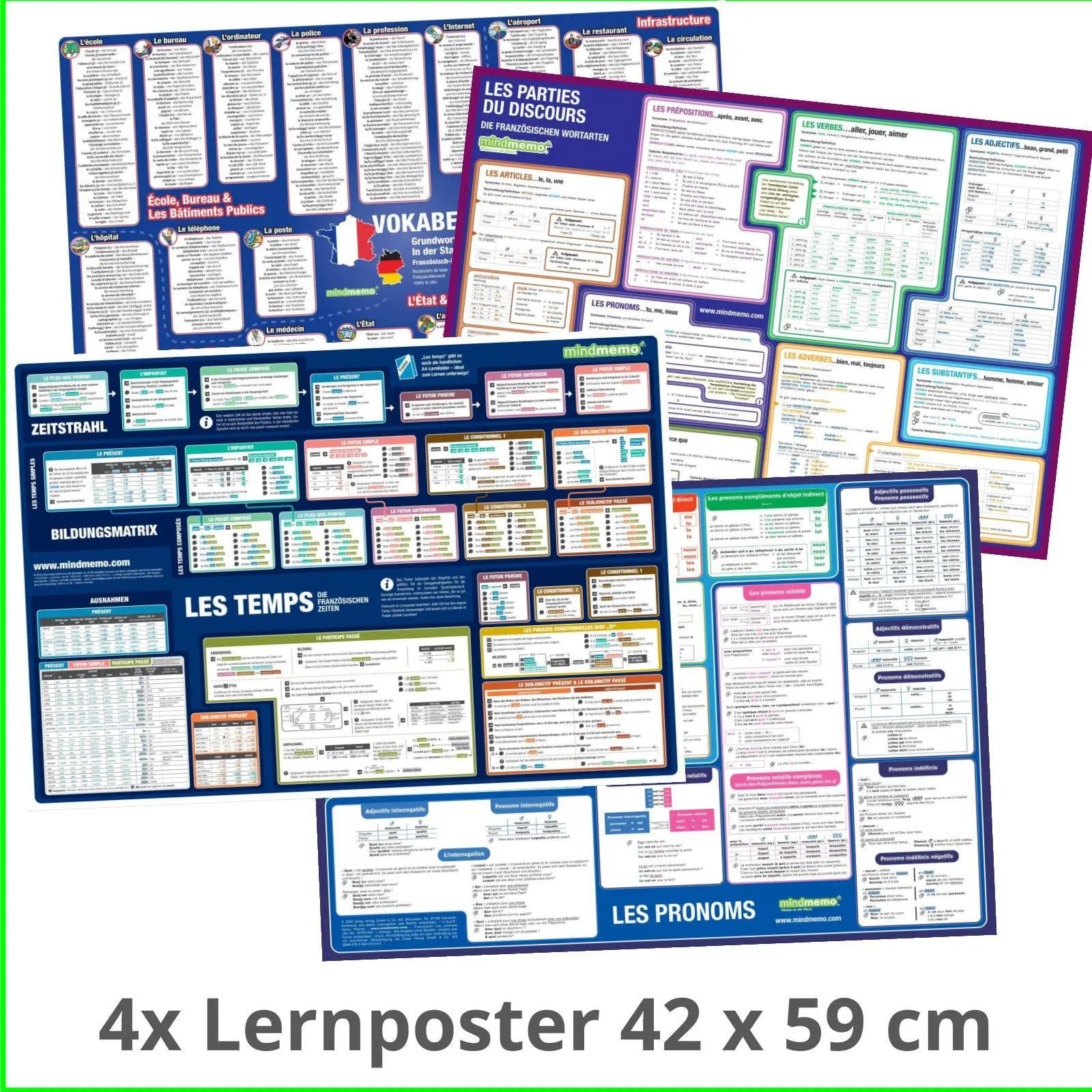 Cover: 9783954131631 | mindmemo Lernposter 4er Set - Französische Zeiten + Wortarten +...