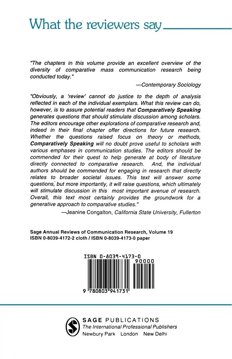 Rückseite: 9780803941731 | Comparatively Speaking | Jay G. Blumler (u. a.) | Taschenbuch | 1992