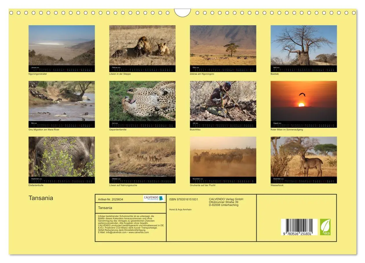 Bild: 9783516151831 | Tansania (Wandkalender 2026 DIN A3 quer), CALVENDO Monatskalender
