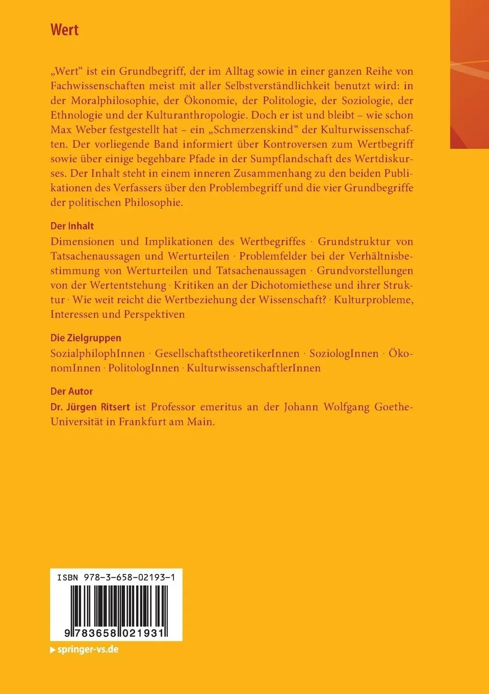 Rückseite: 9783658021931 | Wert | Warum uns etwas lieb und teuer ist | Jürgen Ritsert | Buch
