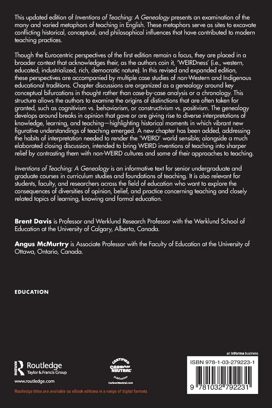 Rückseite: 9781032792231 | Inventions of Teaching | A Genealogy | Brent Davis (u. a.) | Buch