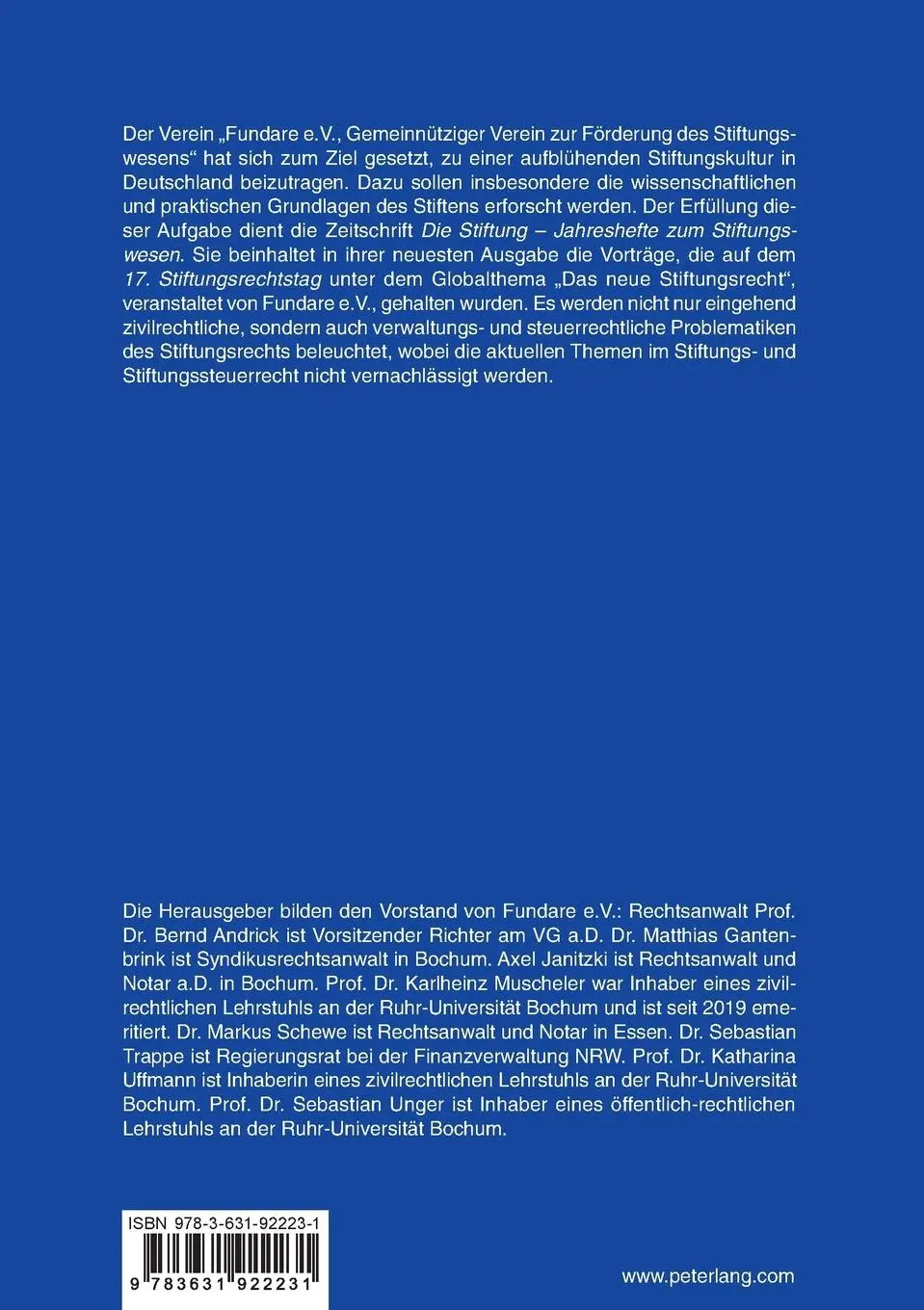 Rückseite: 9783631922231 | Die Stiftung | Jahreshefte zum Stiftungswesen 17. Jahrgang 2023 | Buch