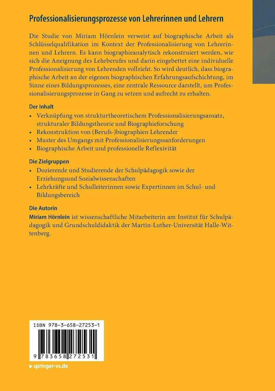 Rückseite: 9783658272531 | Professionalisierungsprozesse von Lehrerinnen und Lehrern | Hörnlein