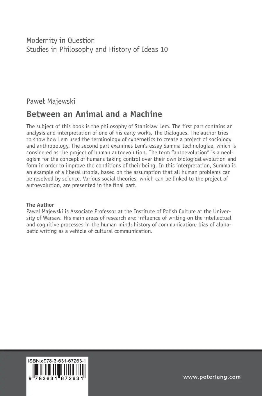 Rückseite: 9783631672631 | Between an Animal and a Machine | Stanis¿aw Lem's Technological Utopia