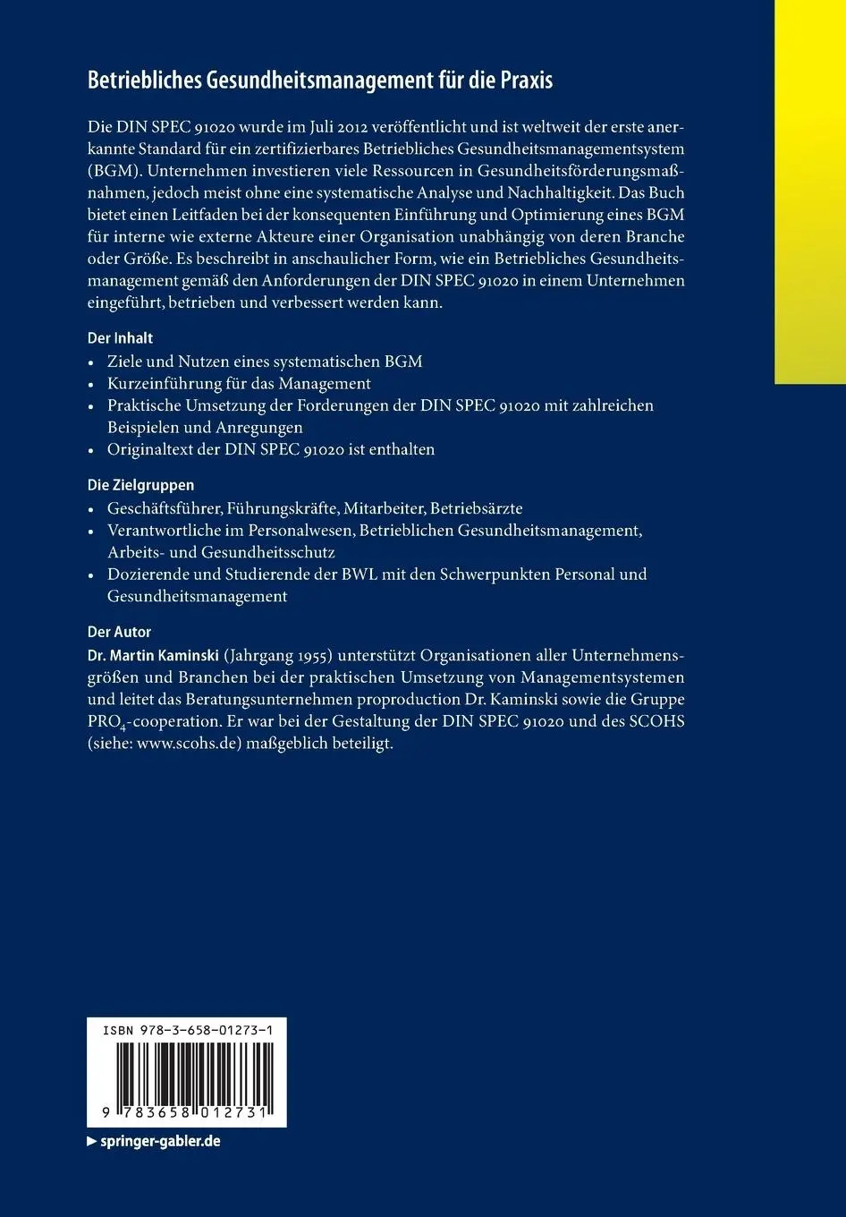 Rückseite: 9783658012731 | Betriebliches Gesundheitsmanagement für die Praxis | Martin Kaminski