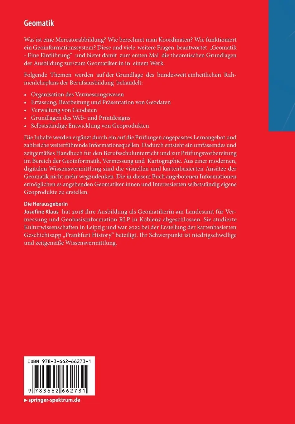Rückseite: 9783662662731 | Geomatik | Eine Einführung | Josefine Klaus | Taschenbuch | xix | 2023