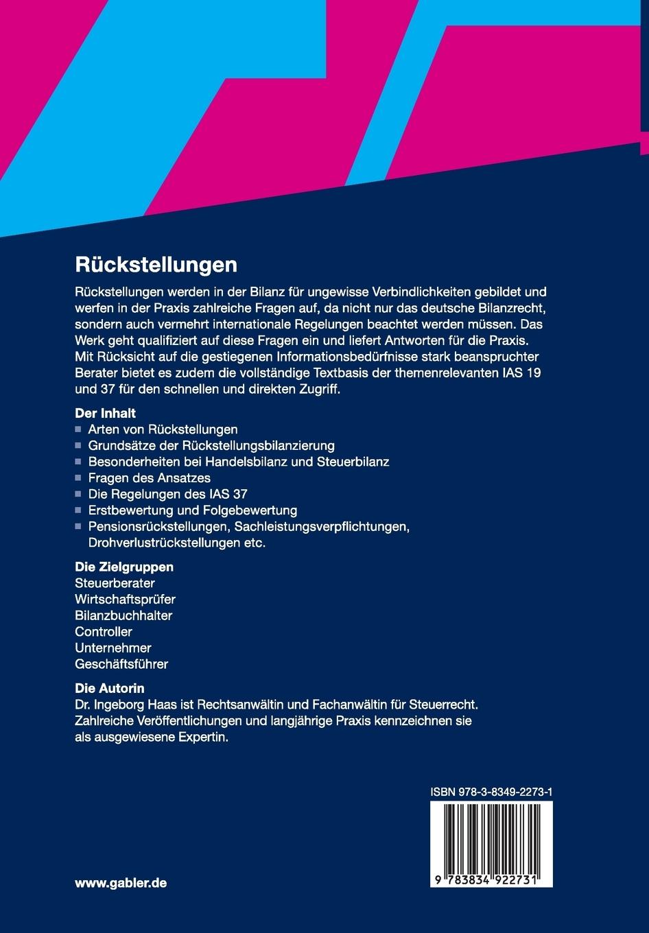 Rückseite: 9783834922731 | Rückstellungen | Steuerrecht, Handelsrecht und IAS/IFRS | Haas | Buch