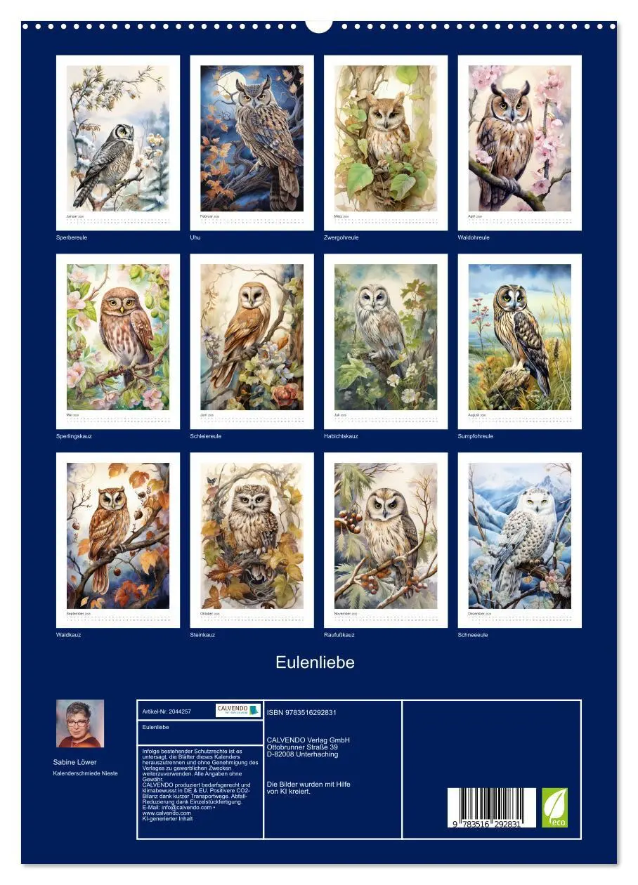 Bild: 9783516292831 | Eulenliebe (hochwertiger Premium Wandkalender 2026 DIN A2 hoch),...