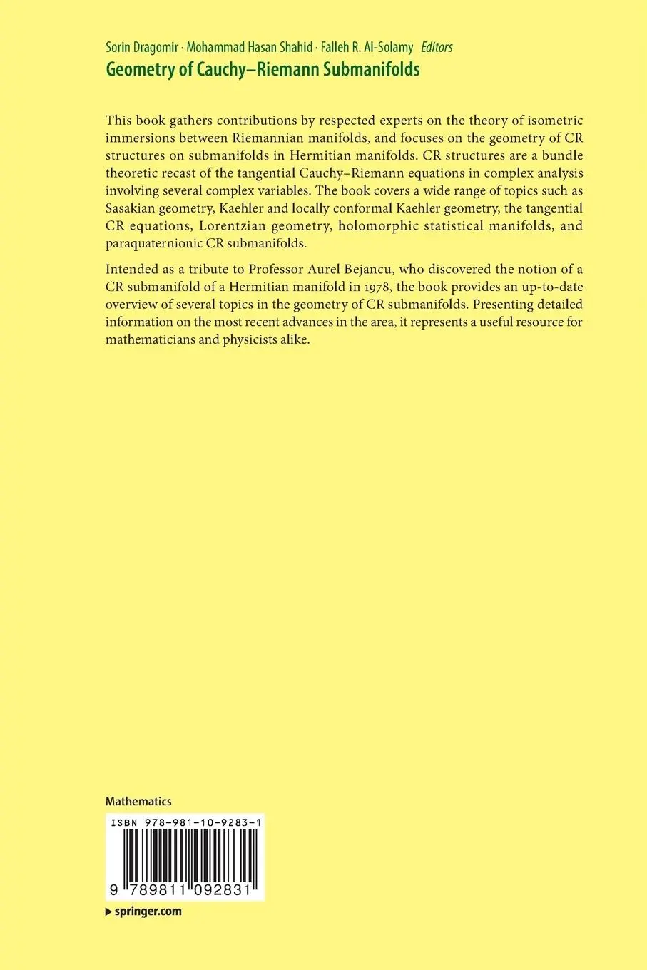 Rückseite: 9789811092831 | Geometry of Cauchy-Riemann Submanifolds | Sorin Dragomir (u. a.)