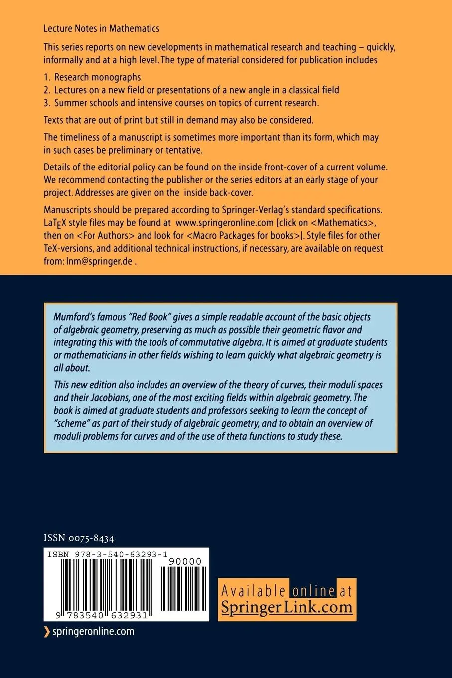 Rückseite: 9783540632931 | The Red Book of Varieties and Schemes | David Mumford | Taschenbuch