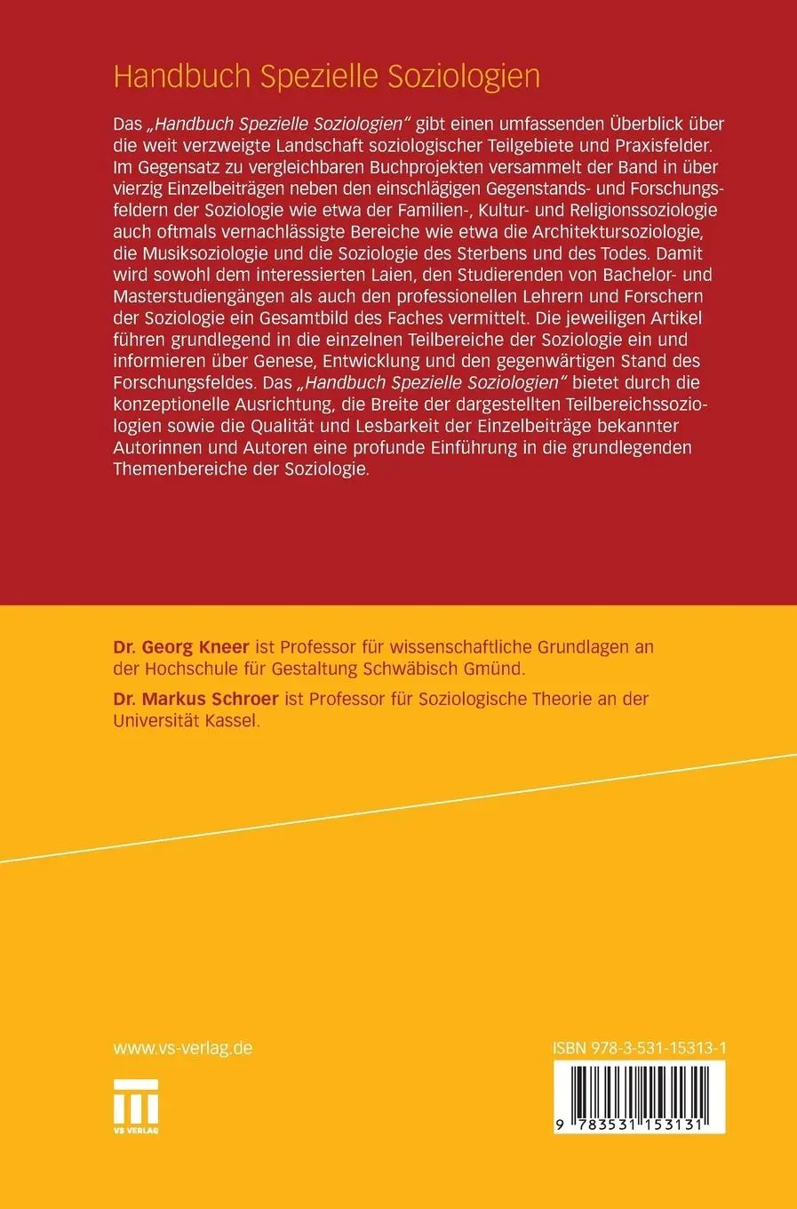 Rückseite: 9783531153131 | Handbuch Spezielle Soziologien | Markus Schroer (u. a.) | Buch | 2010