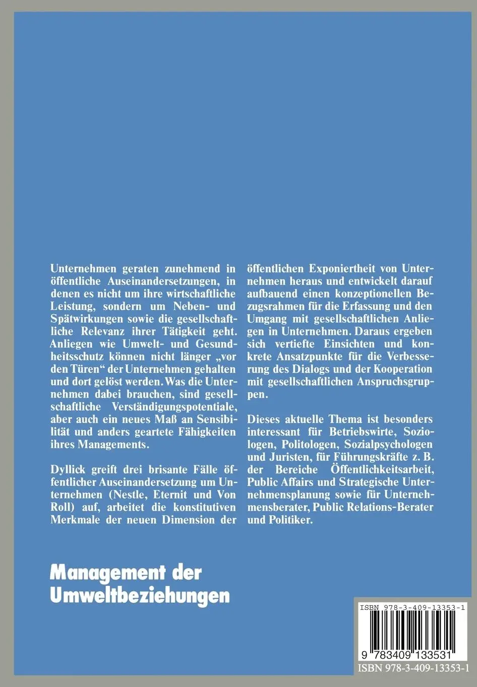 Rückseite: 9783409133531 | Management der Umweltbeziehungen | Thomas Dyllick | Taschenbuch | xx