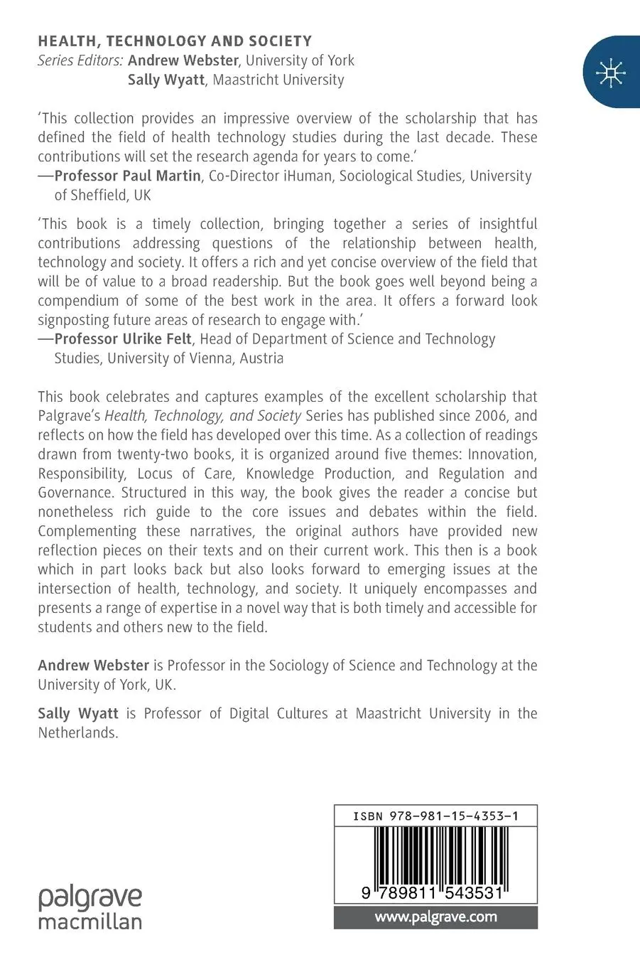 Rückseite: 9789811543531 | Health, Technology and Society | Critical Inquiries | Wyatt (u. a.)