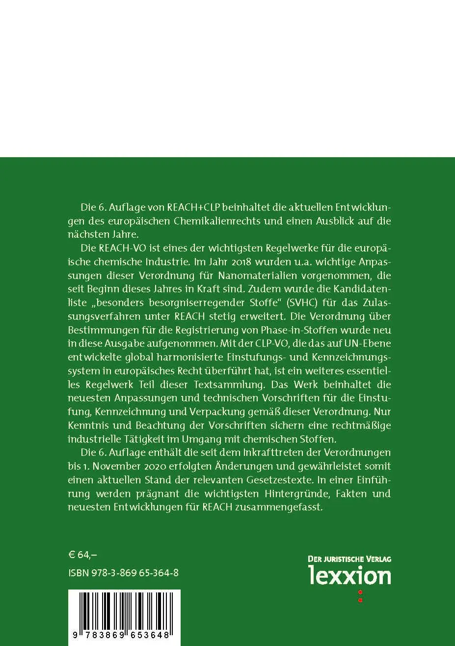 Rückseite: 9783869653631 | REACH + CLP | Taschenbuch | 572 S. | Deutsch | 2021 | Lexxion Verlag