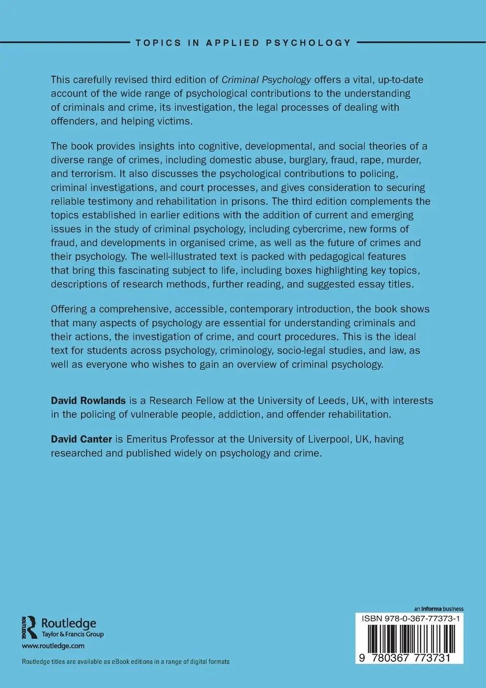 Rückseite: 9780367773731 | Criminal Psychology | David Rowlands (u. a.) | Taschenbuch | Englisch