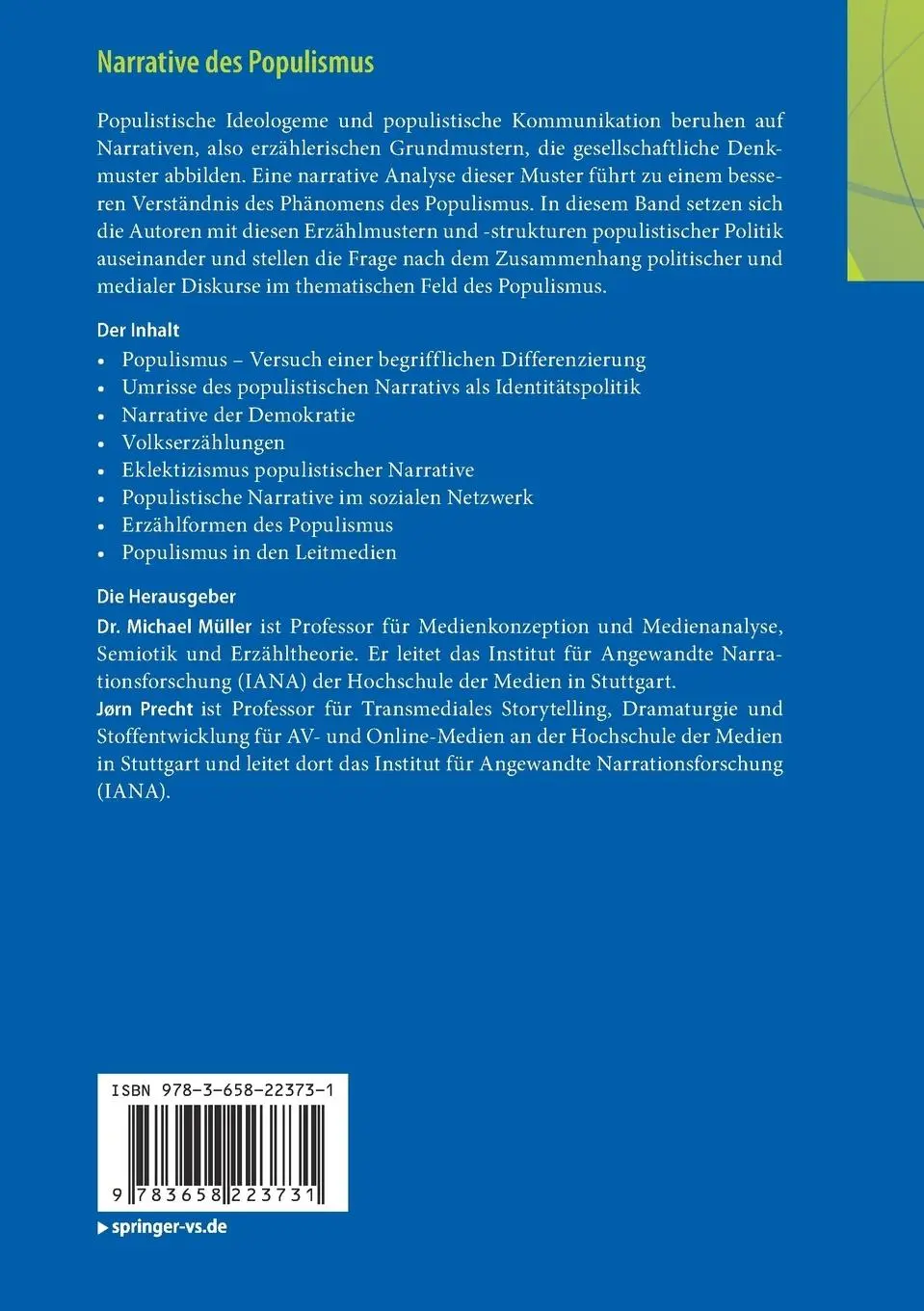 Rückseite: 9783658223731 | Narrative des Populismus | Jørn Precht (u. a.) | Taschenbuch | x