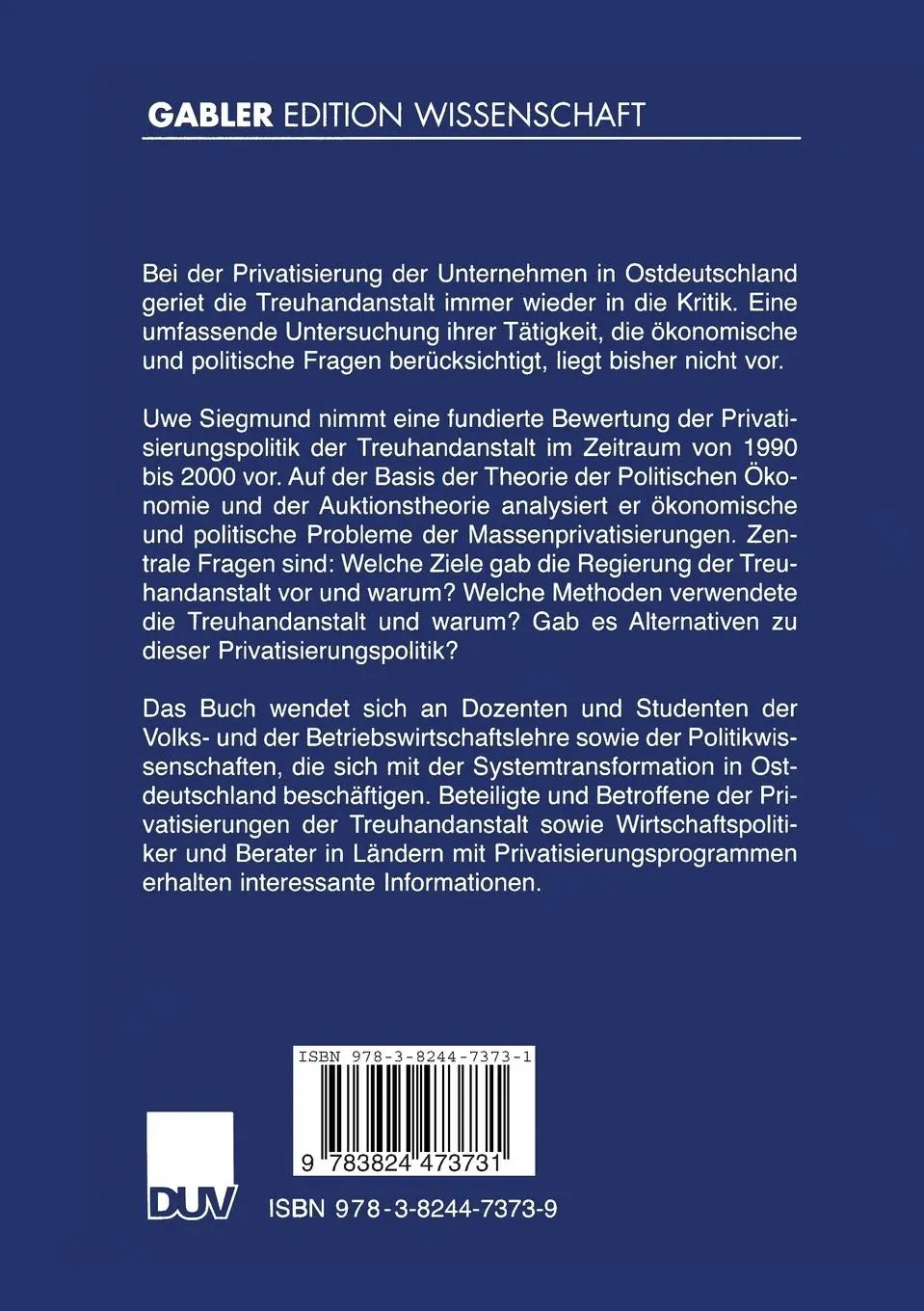 Rückseite: 9783824473731 | Privatisierungspolitik in Ostdeutschland | Hans R. Lang | Taschenbuch