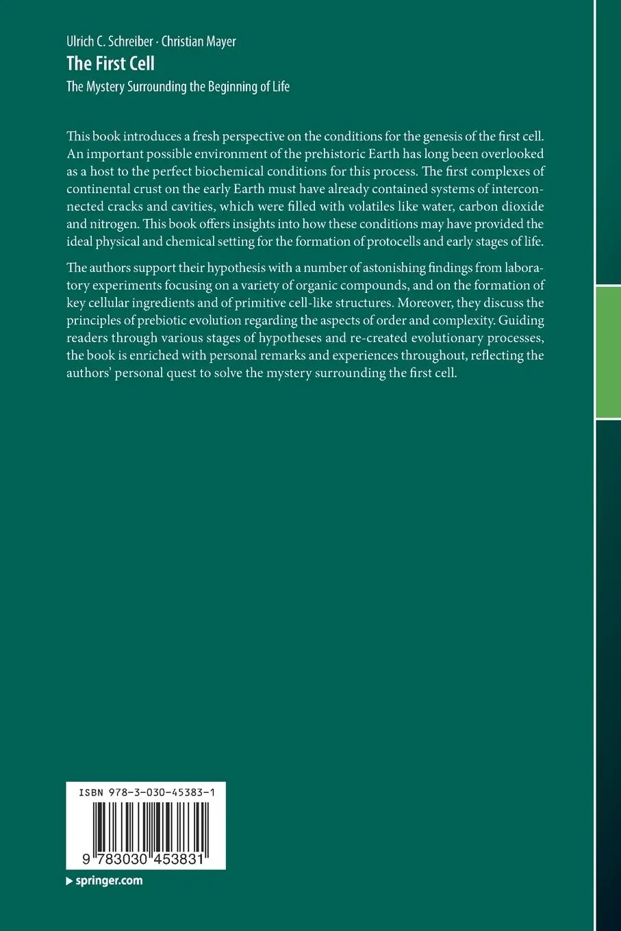 Rückseite: 9783030453831 | The First Cell | The Mystery Surrounding the Beginning of Life | Buch