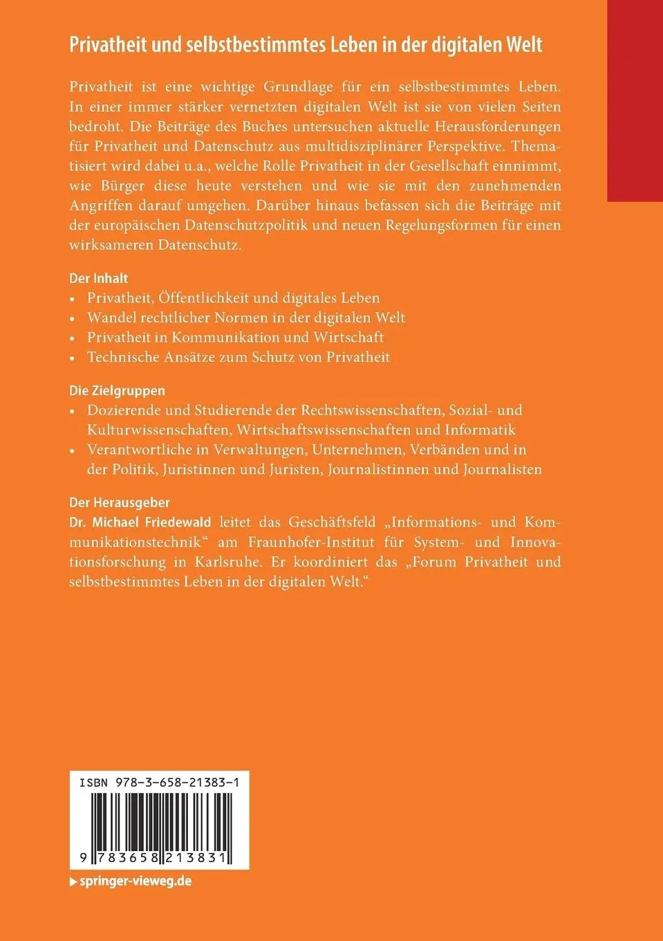 Rückseite: 9783658213831 | Privatheit und selbstbestimmtes Leben in der digitalen Welt | Buch