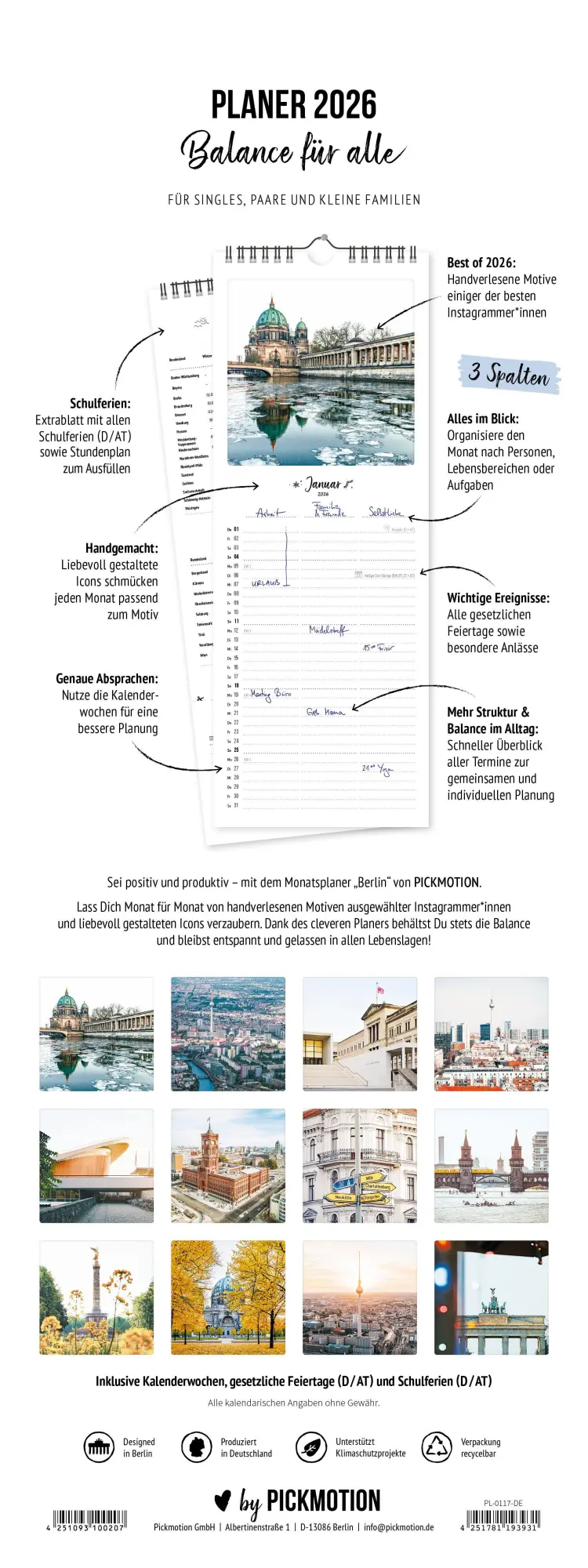 Bild: 4251781193931 | Planer 2026 - Berlin | 3 Spalten | Pickmotion | Kalender | Deutsch