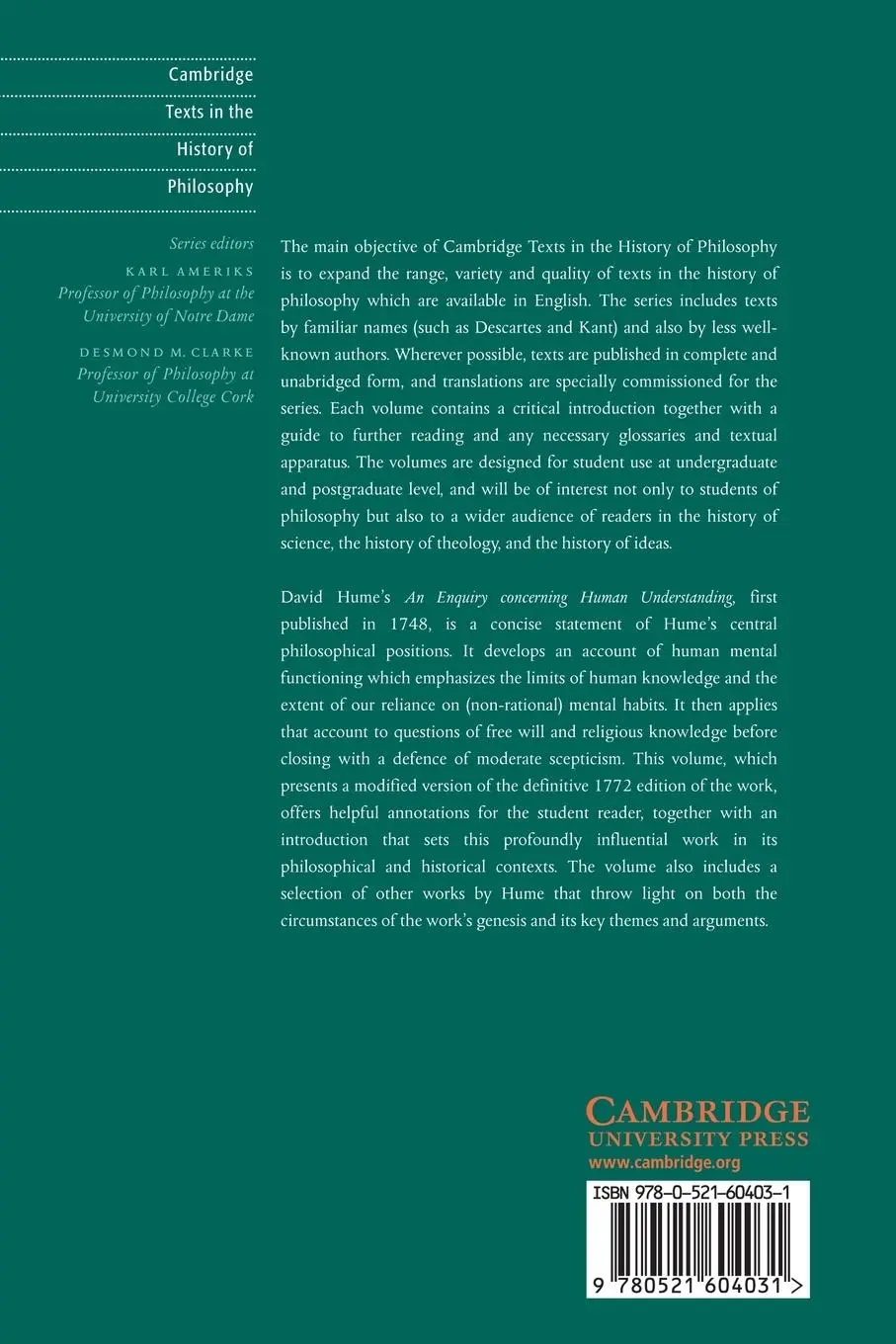 Rückseite: 9780521604031 | An Enquiry Concerning Human Understanding | And Other Writings | Hume