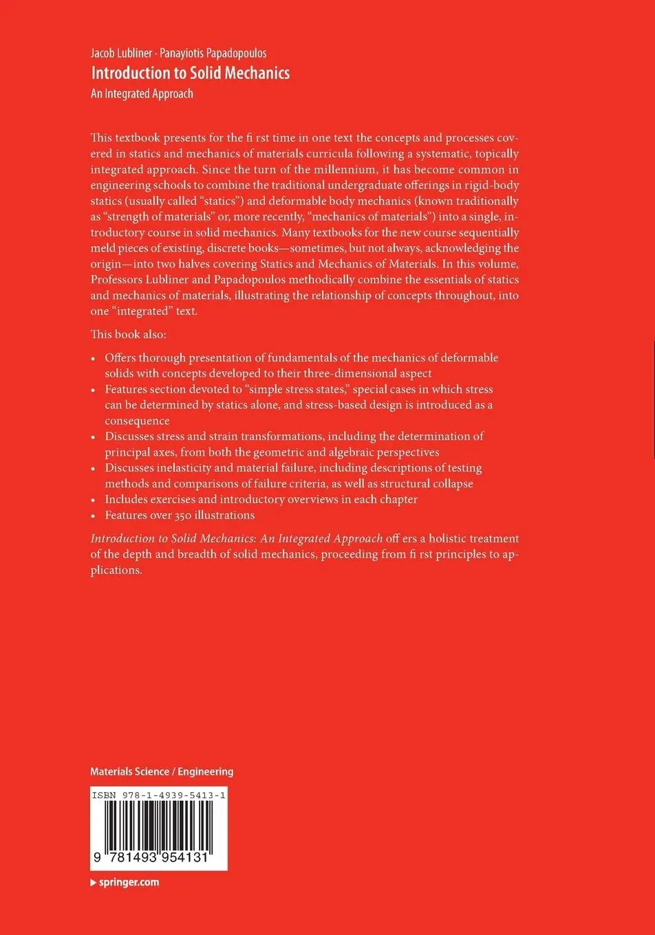 Rückseite: 9781493954131 | Introduction to Solid Mechanics | An Integrated Approach | Taschenbuch