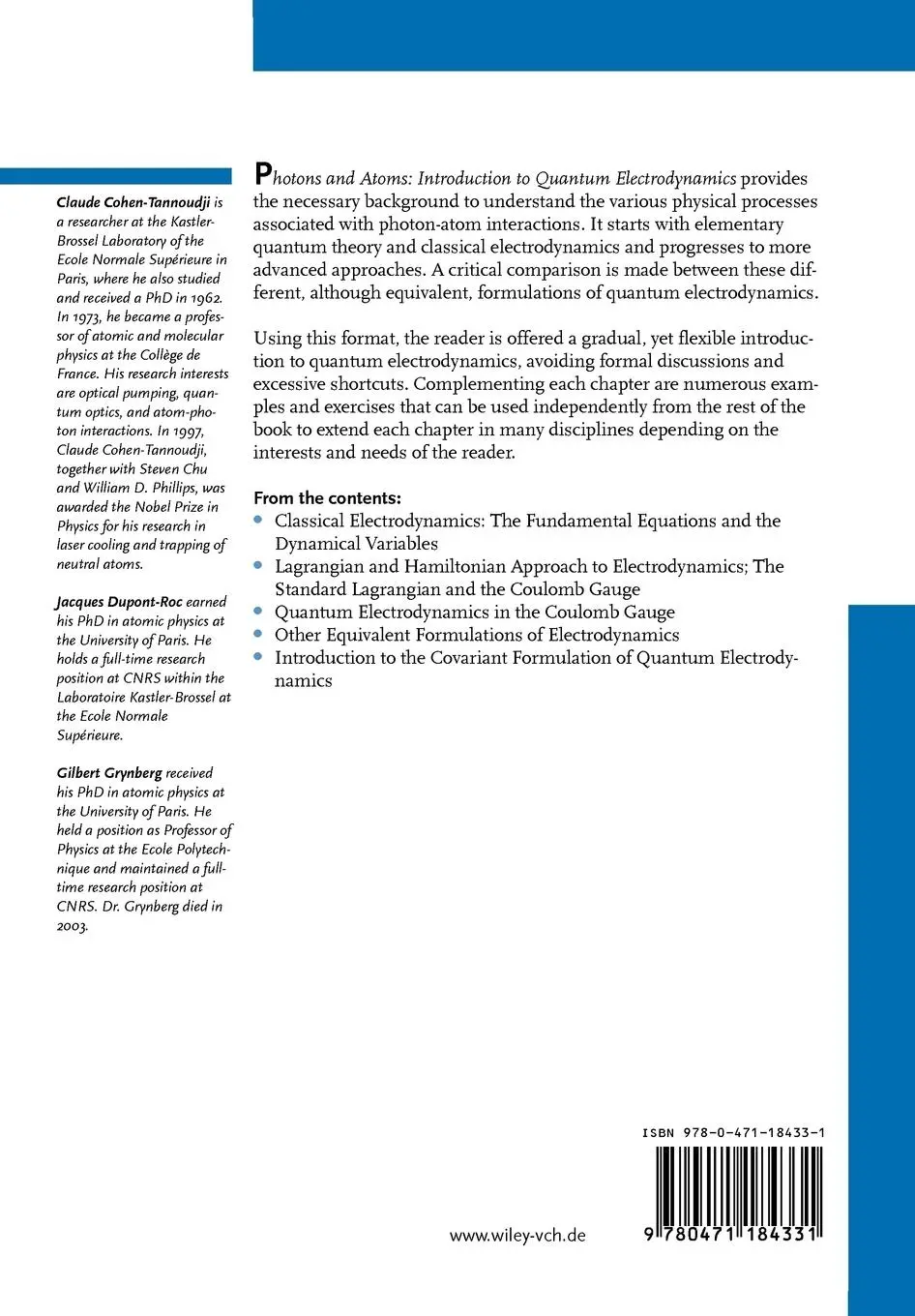 Rückseite: 9780471184331 | Photons and Atoms | Introduction to Quantum Electrodynamics | Buch