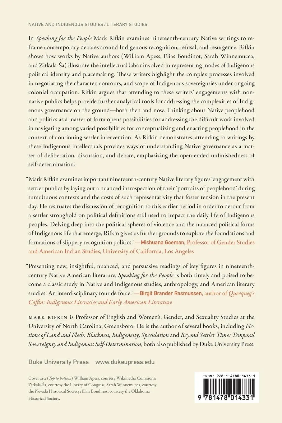 Rückseite: 9781478014331 | Speaking for the People | Mark Rifkin | Taschenbuch | Englisch | 2021