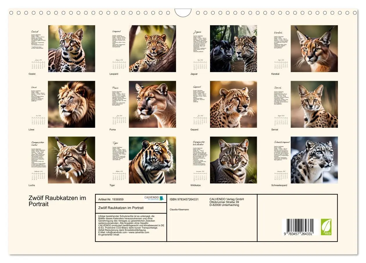 Bild: 9783457264331 | Zwölf Raubkatzen im Portrait (Wandkalender 2026 DIN A3 quer),...