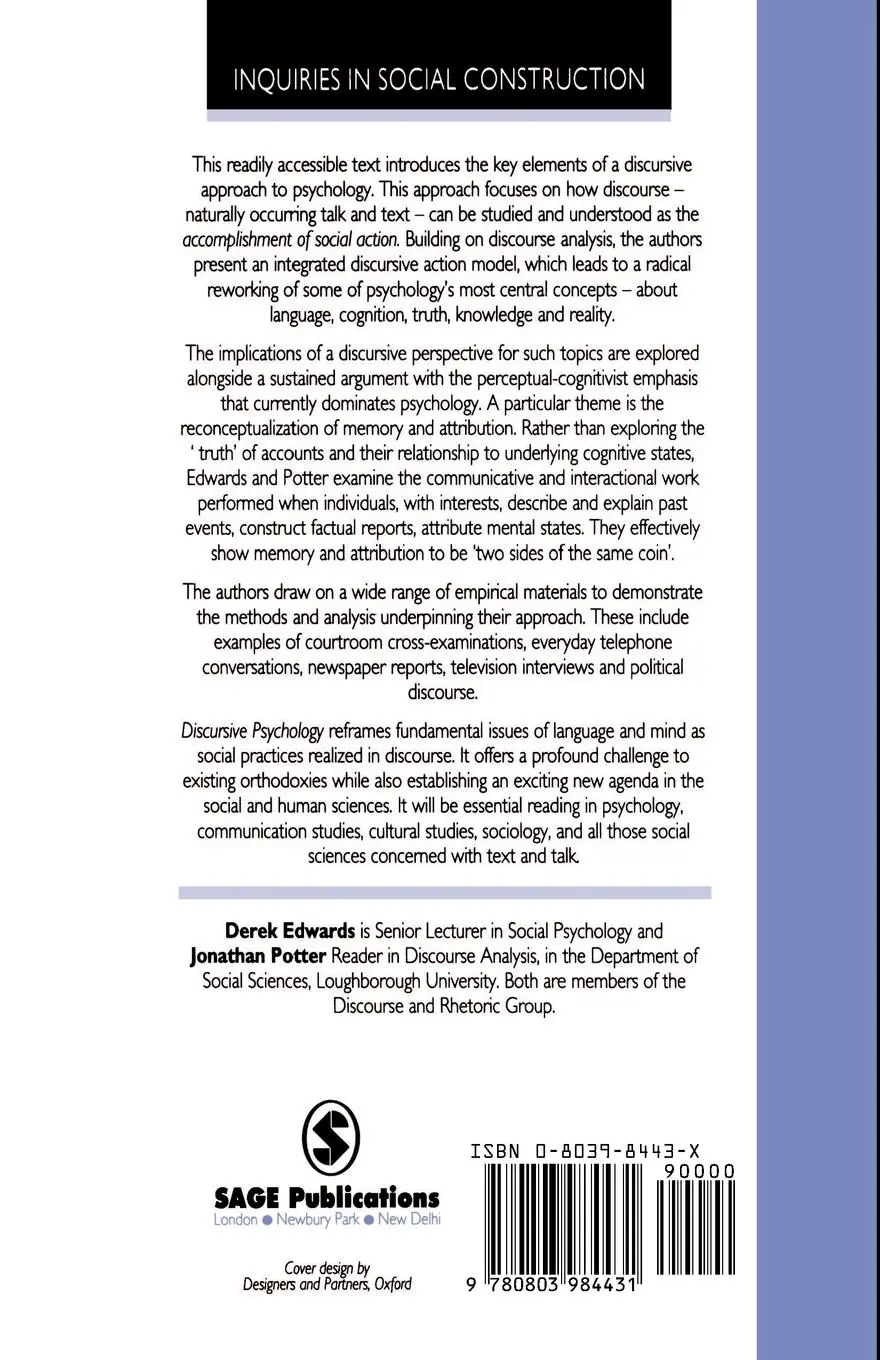 Rückseite: 9780803984431 | Discursive Psychology | Derek Edwards (u. a.) | Taschenbuch | Englisch