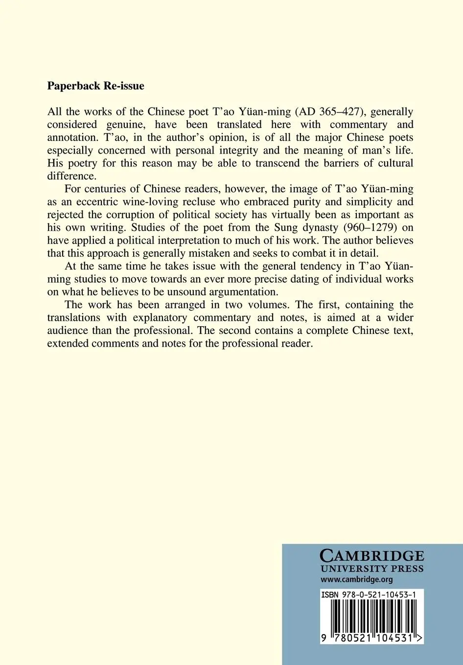 Rückseite: 9780521104531 | T'ao Yuan-ming (AD 365-427), Volume II | His Works and Their Meaning