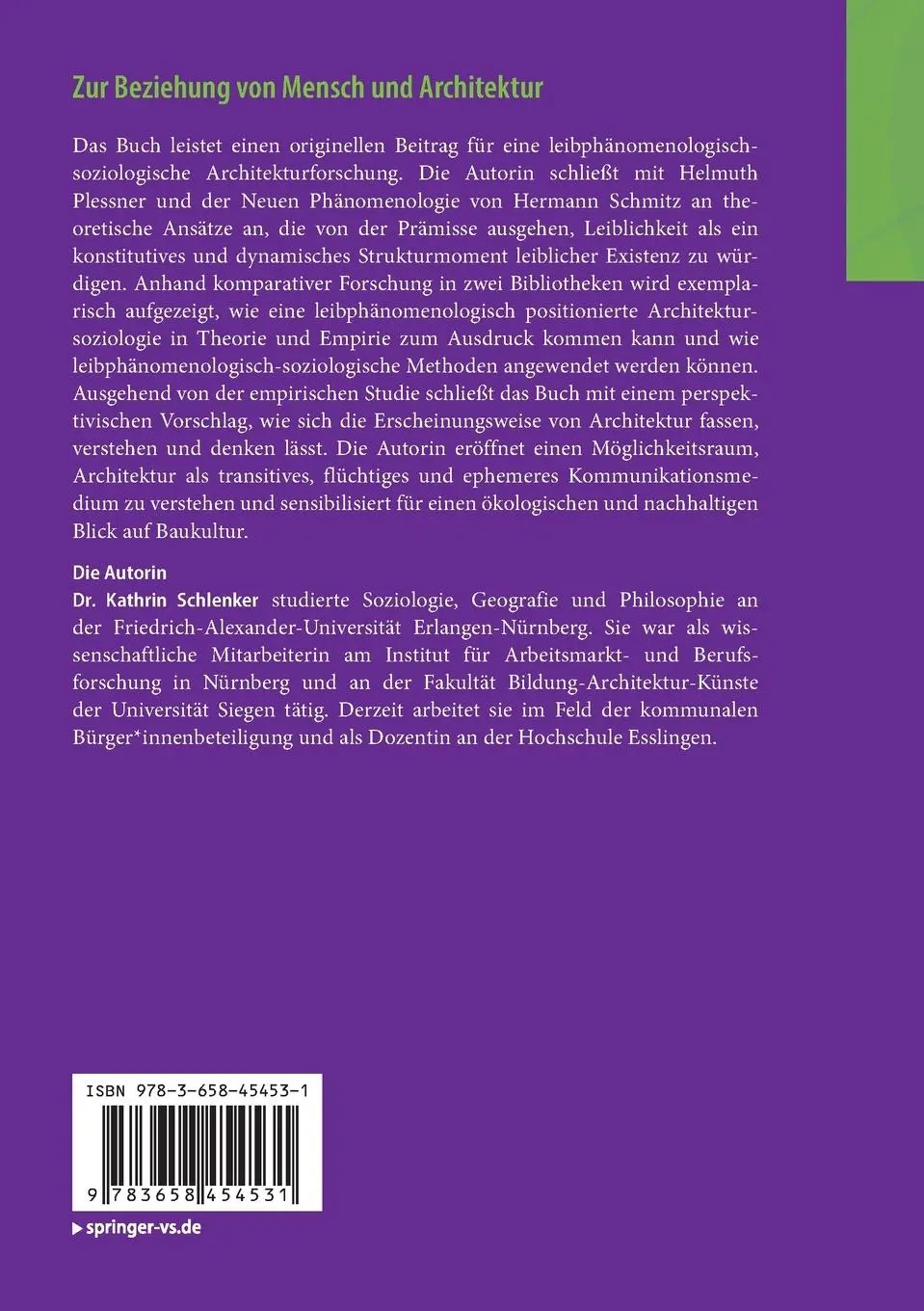 Rückseite: 9783658454531 | Zur Beziehung von Mensch und Architektur | Kathrin Schlenker | Buch