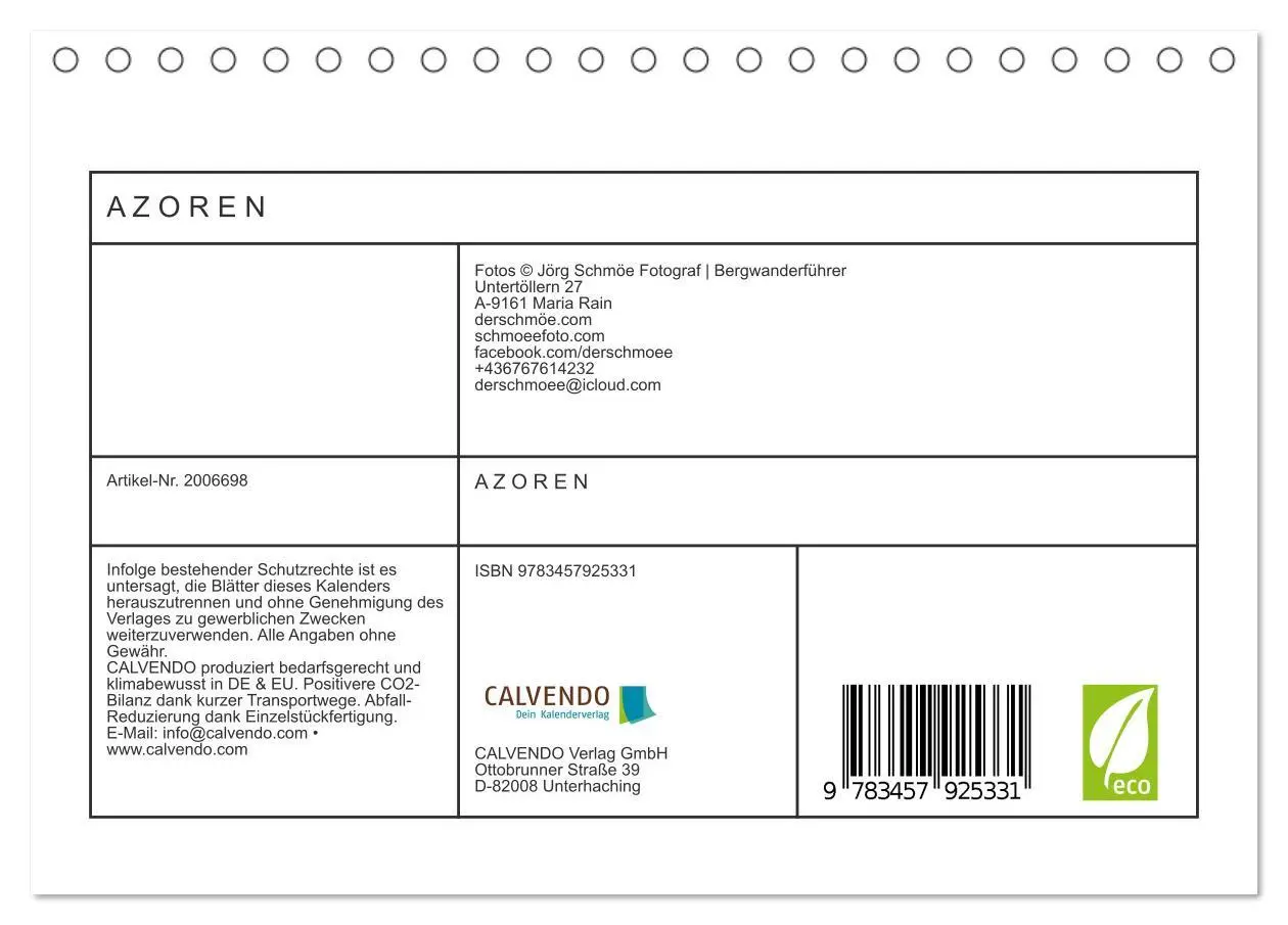 Bild: 9783457925331 | A Z O R E N (Tischkalender 2026 DIN A5 quer), CALVENDO Monatskalender