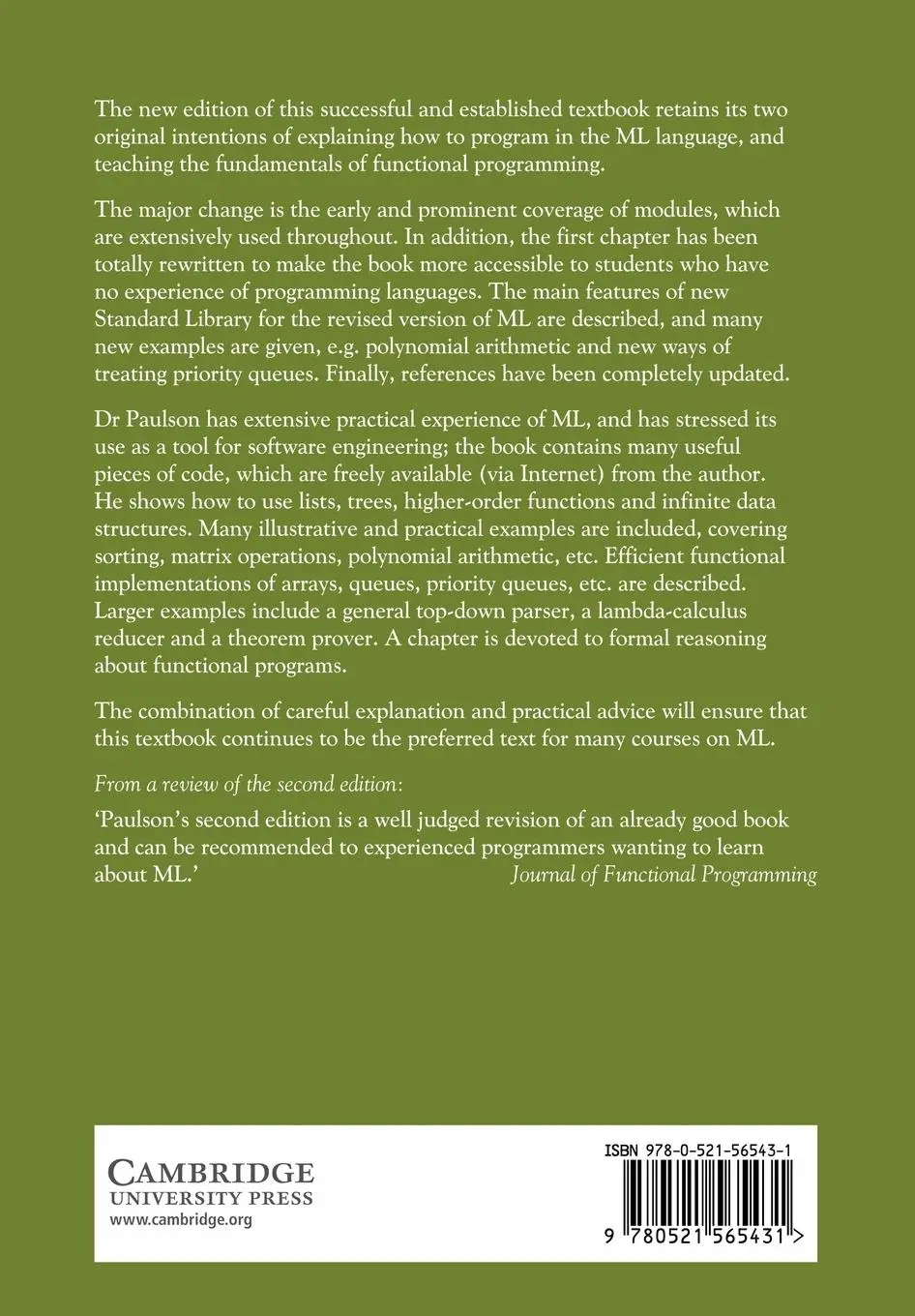 Rückseite: 9780521565431 | ML for the Working Programmer | Lawrence C. Paulson (u. a.) | Buch