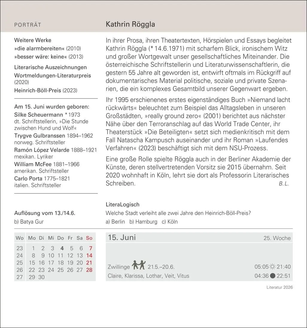 Bild: 9783840035531 | Literatur Tagesabreißkalender 2026 - Kulturkalender - Autoren,...