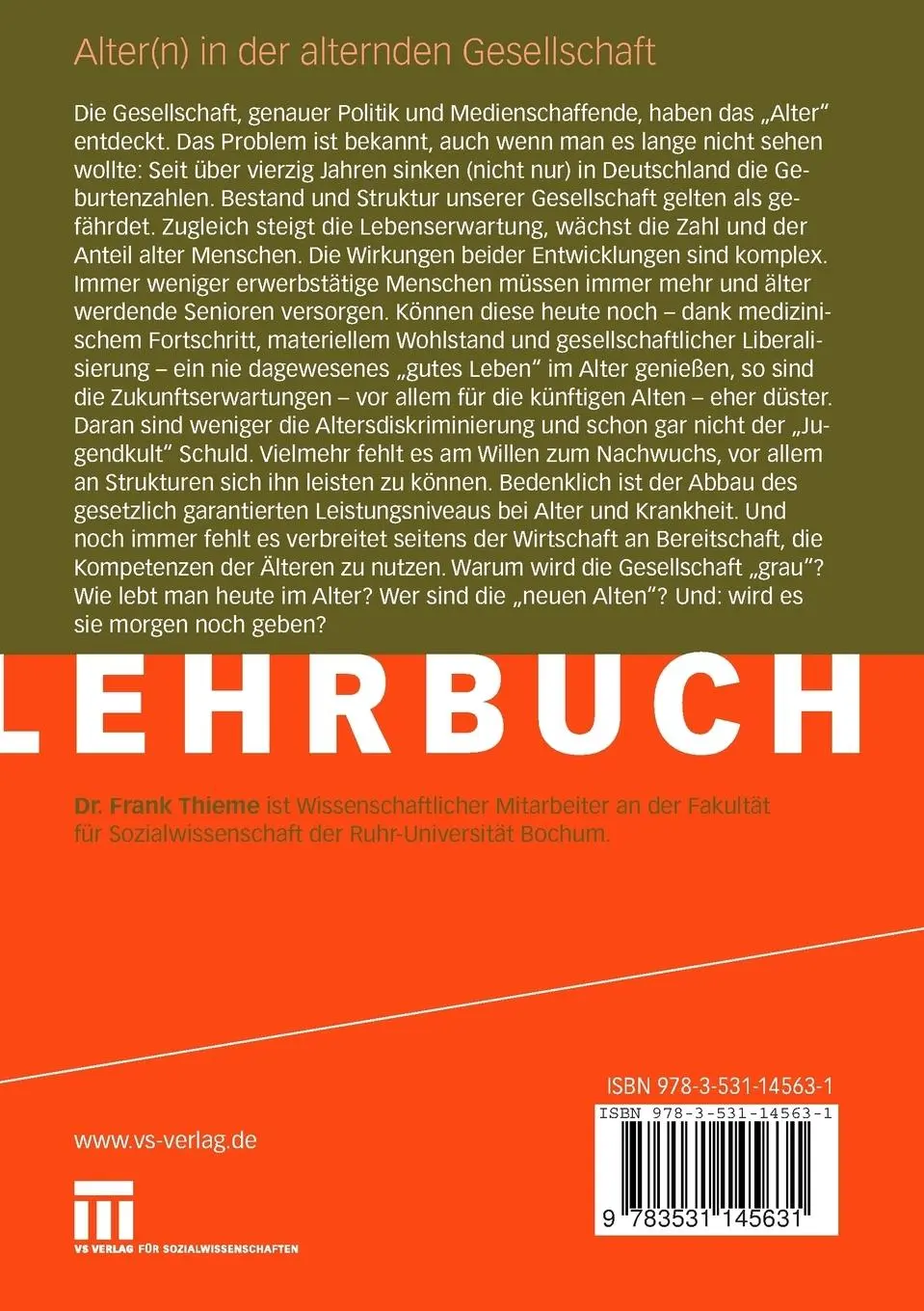Rückseite: 9783531145631 | Alter(n) in der alternden Gesellschaft | Frank Thieme | Taschenbuch