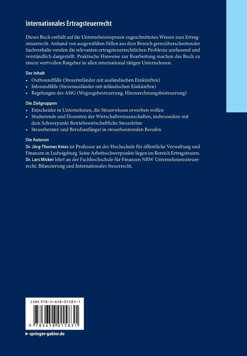 Rückseite: 9783658015831 | Internationales Ertragsteuerrecht | Jörg-Thomas Knies (u. a.) | Buch