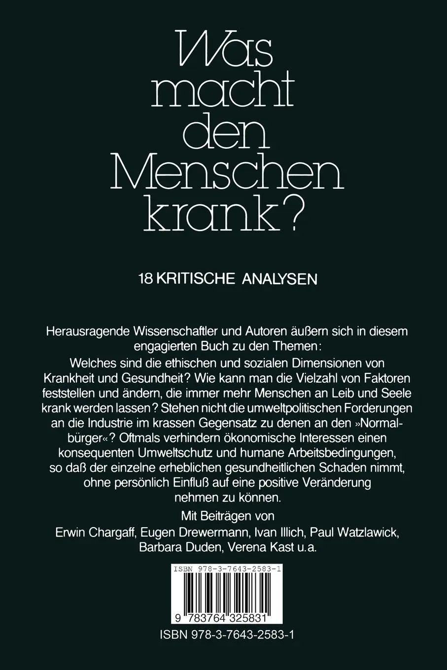 Rückseite: 9783764325831 | Was macht den Menschen krank? | 18 kritische Analysen | Sontag (u. a.)