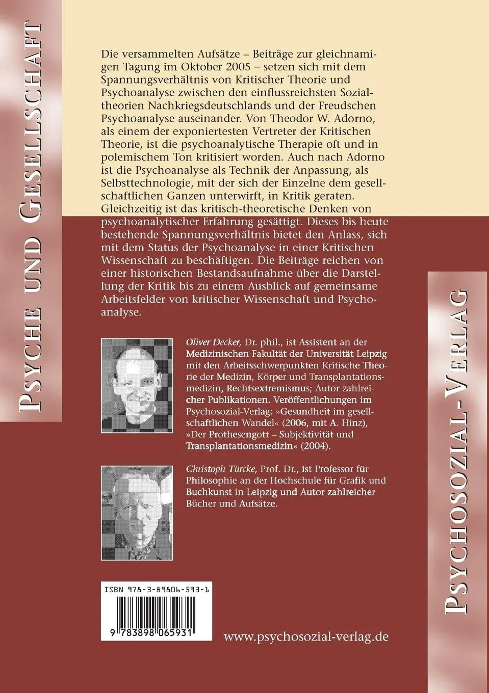 Rückseite: 9783898065931 | Kritische Theorie - Psychoanalytische Praxis | Oliver Decker (u. a.)