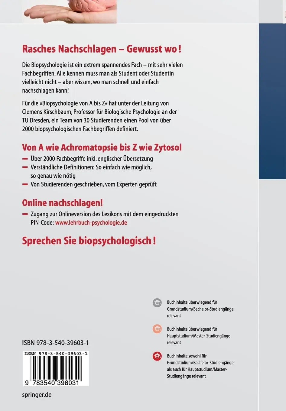 Rückseite: 9783540396031 | Biopsychologie von A bis Z | Clemens Kirschbaum | Taschenbuch | xii