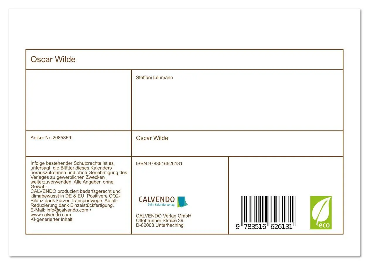 Bild: 9783516626131 | Oscar Wilde (Tischkalender 2026 DIN A5 quer), CALVENDO Monatskalender