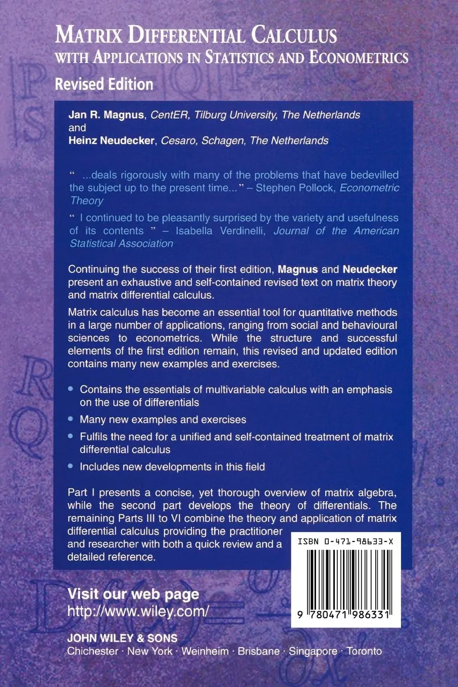 Rückseite: 9780471986331 | Matrix Differential Calculus with Applications in Statistics and...
