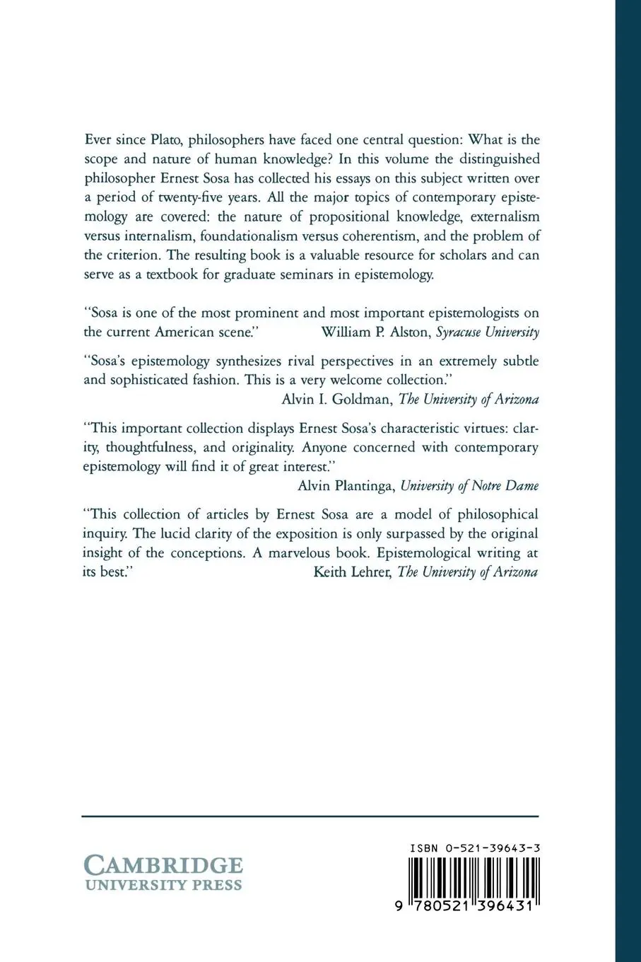 Rückseite: 9780521396431 | Knowledge in Perspective | Selected Essays in Epistemology | Sosa