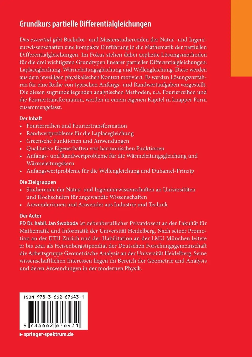 Rückseite: 9783662676431 | Grundkurs partielle Differentialgleichungen | Jan Swoboda | Buch