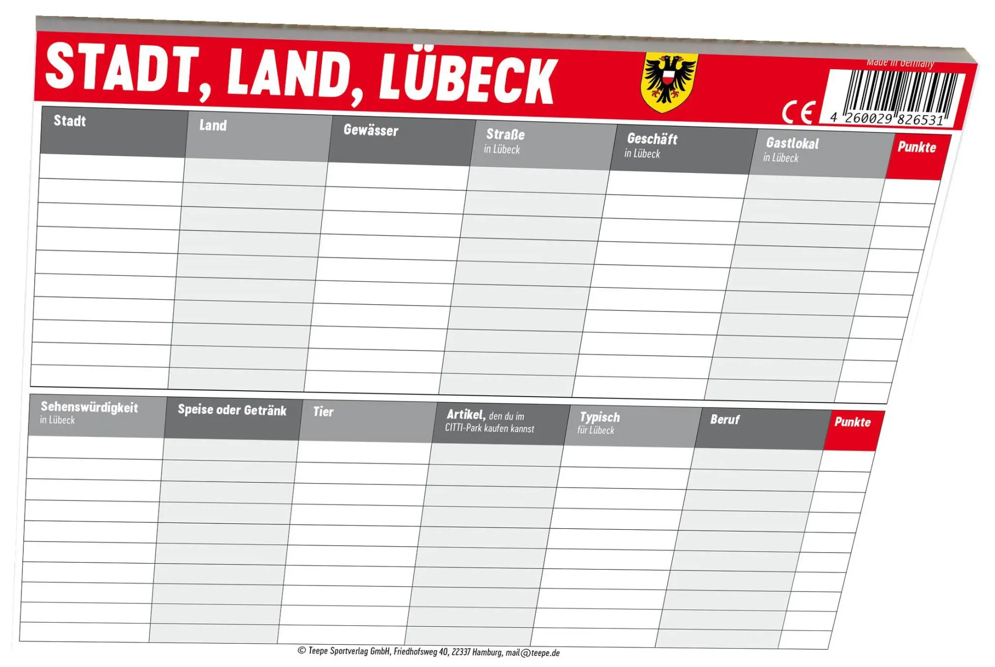 Cover: 4260029826531 | Stadt, Land, Lübeck | 30 Minuten, 2-6 Spieler | Spiel | LUESL | 2026