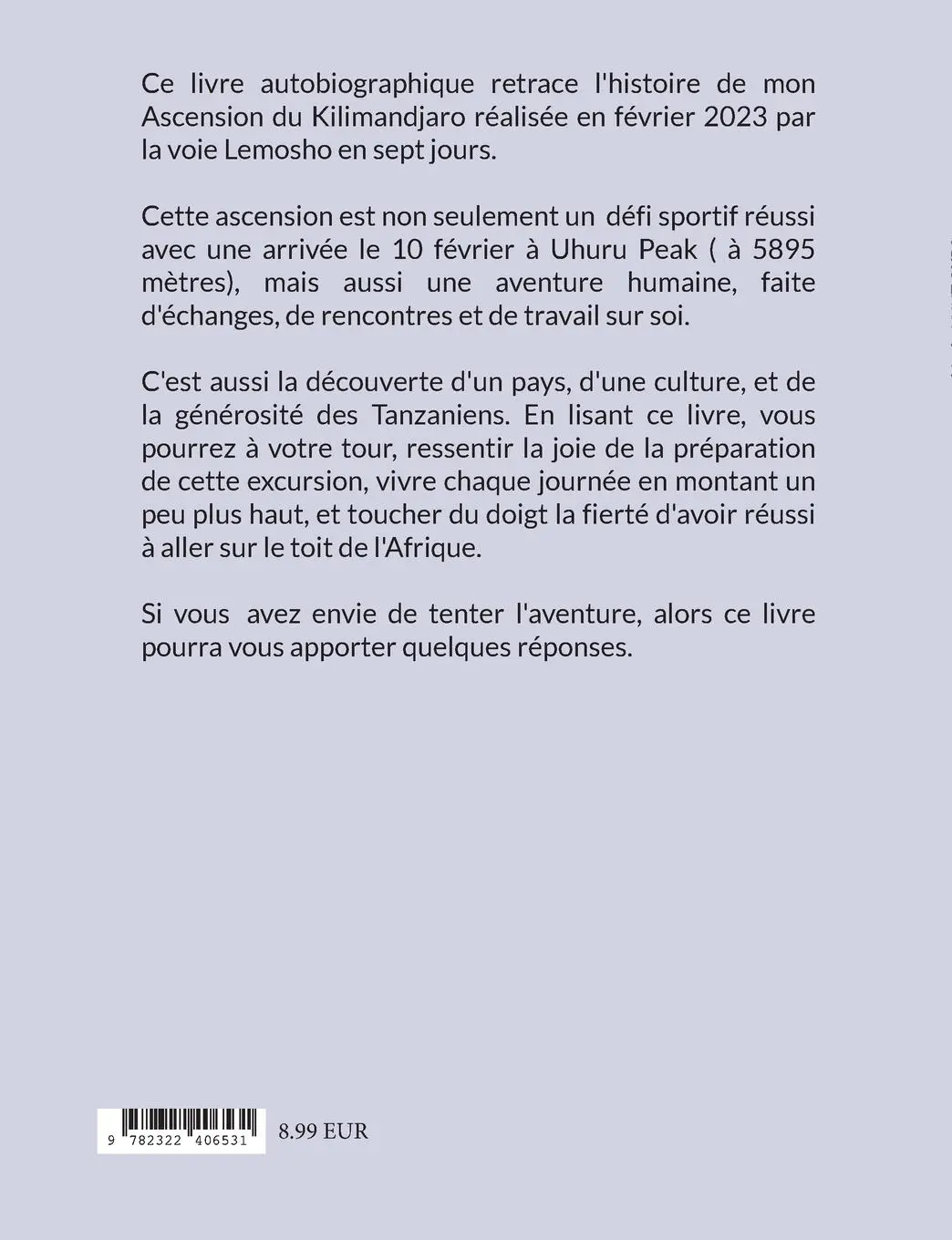 Rückseite: 9782322406531 | Mon Ascension du Kilimandjaro | Parcours de vie | Ours | Taschenbuch