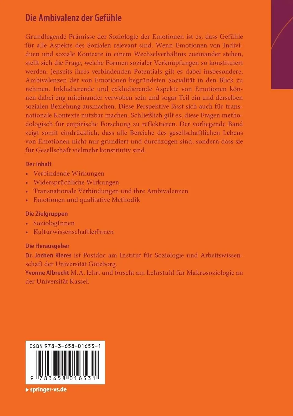 Rückseite: 9783658016531 | Die Ambivalenz der Gefühle | Yvonne Albrecht (u. a.) | Taschenbuch
