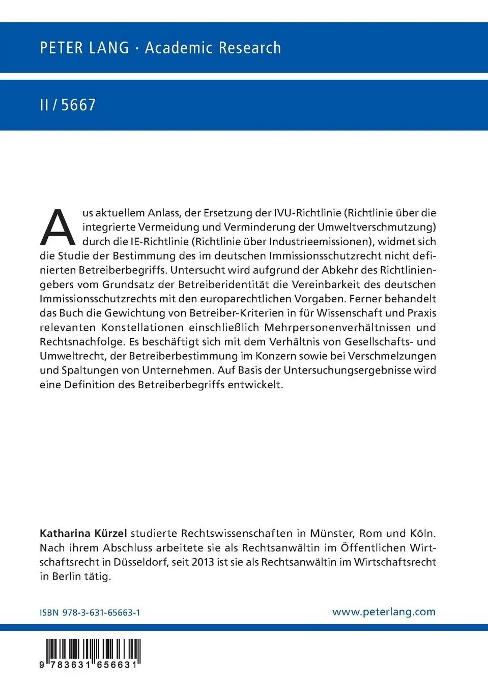 Rückseite: 9783631656631 | Der Betreiberbegriff im Umweltrecht | Katharina Kürzel | Taschenbuch