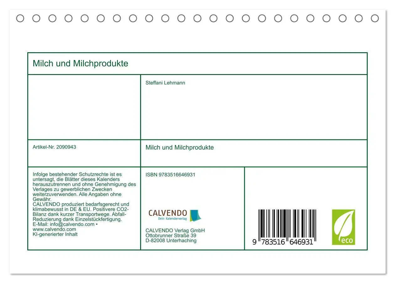 Bild: 9783516646931 | Milch und Milchprodukte (Tischkalender 2026 DIN A5 quer), CALVENDO...